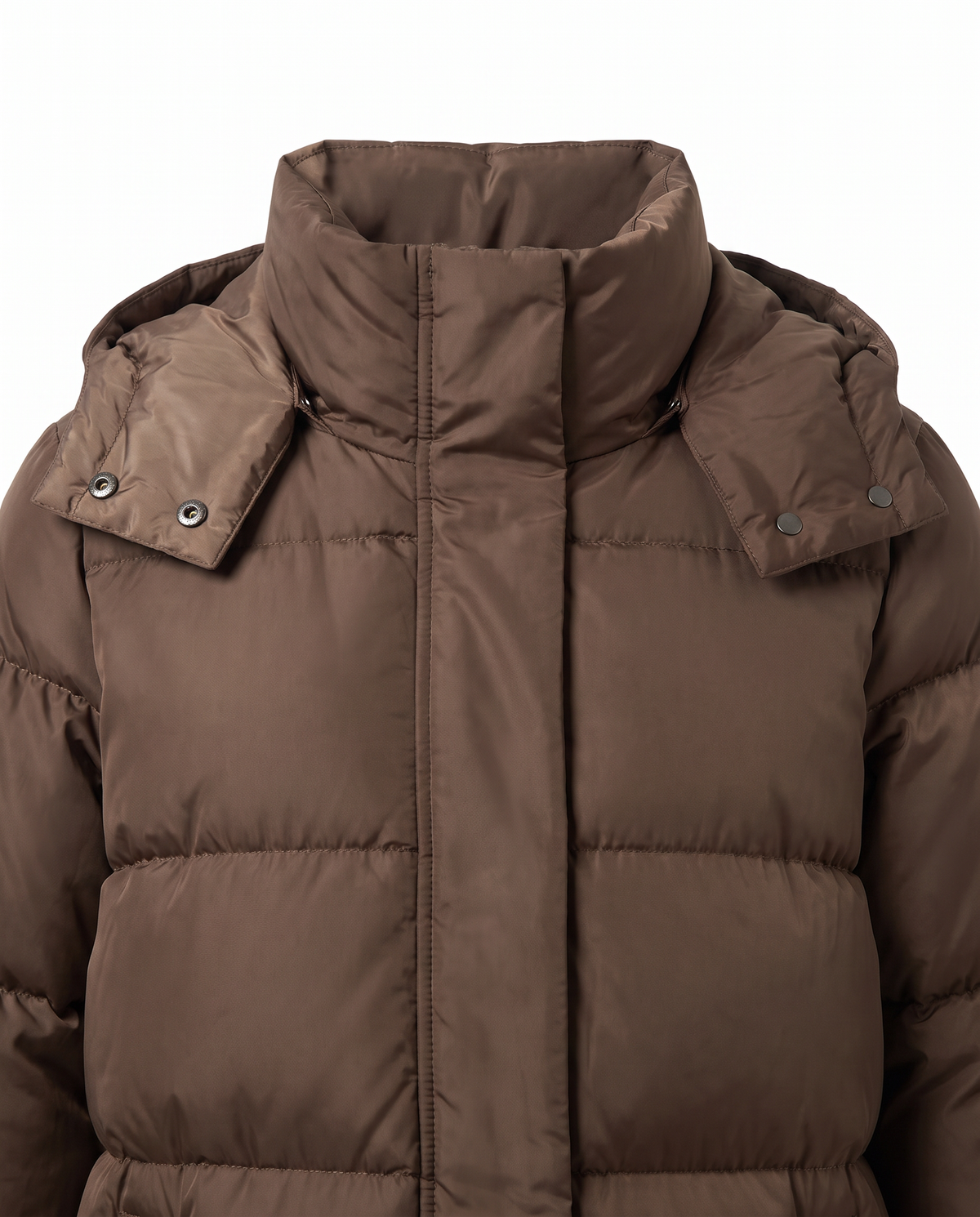 Close-up of the stand collar, snap-off hood and concealed zip placket