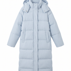 Women's long hooded puffer coat in light blue, front view