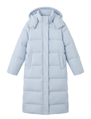 Women's long hooded puffer coat in light blue, front view