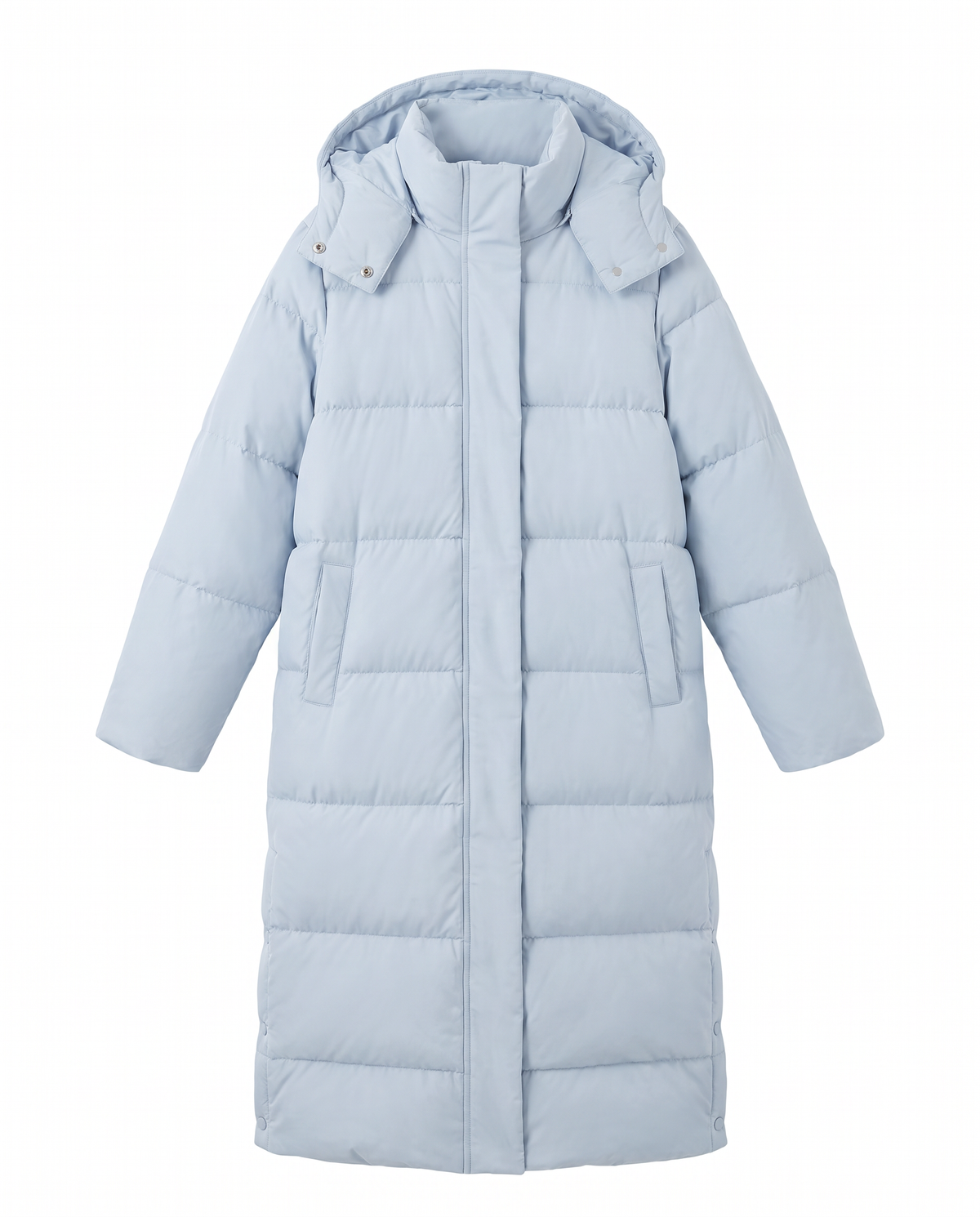 Women's long hooded puffer coat in light blue, front view