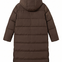 Women's long hooded puffer coat in caffe brown, back view