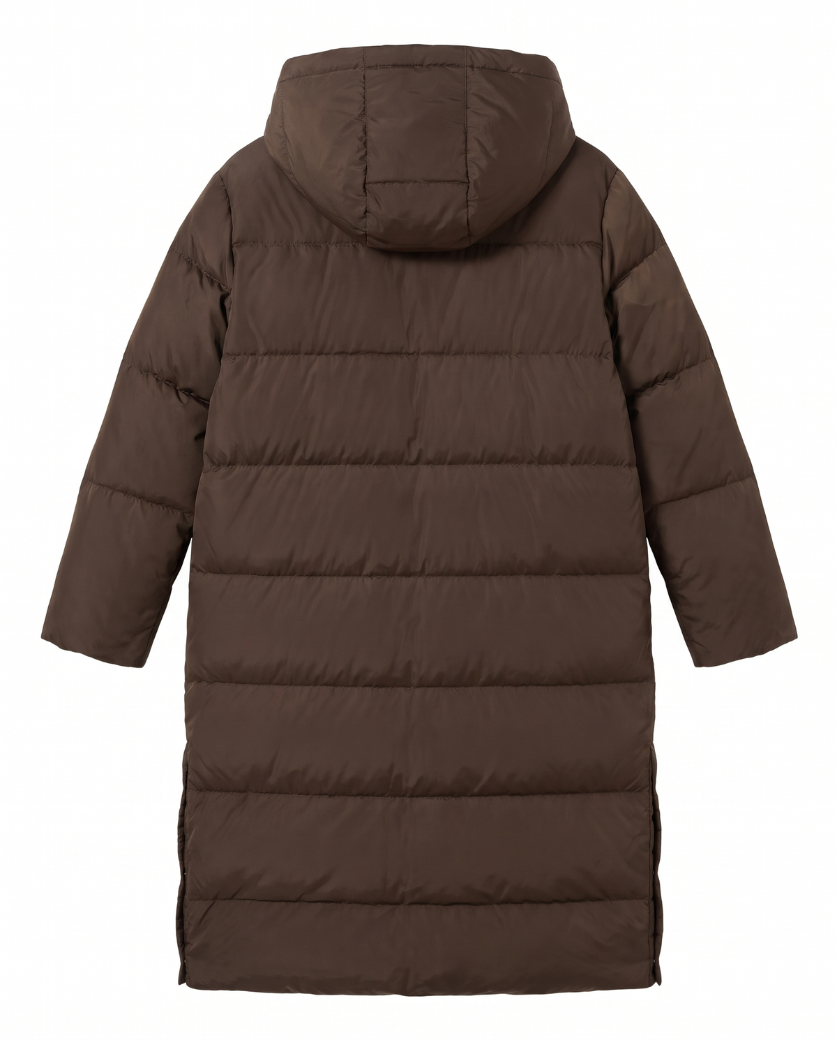 Women's long hooded puffer coat in caffe brown, back view