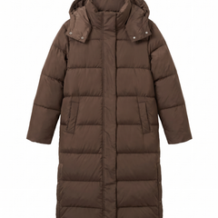 Women's long hooded puffer coat in caffe brown, front view