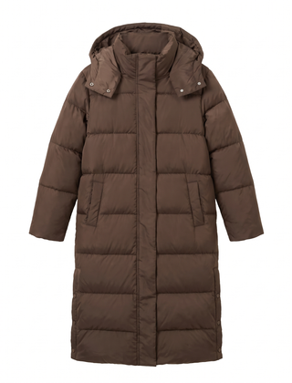 Women's long hooded puffer coat in caffe brown, front view