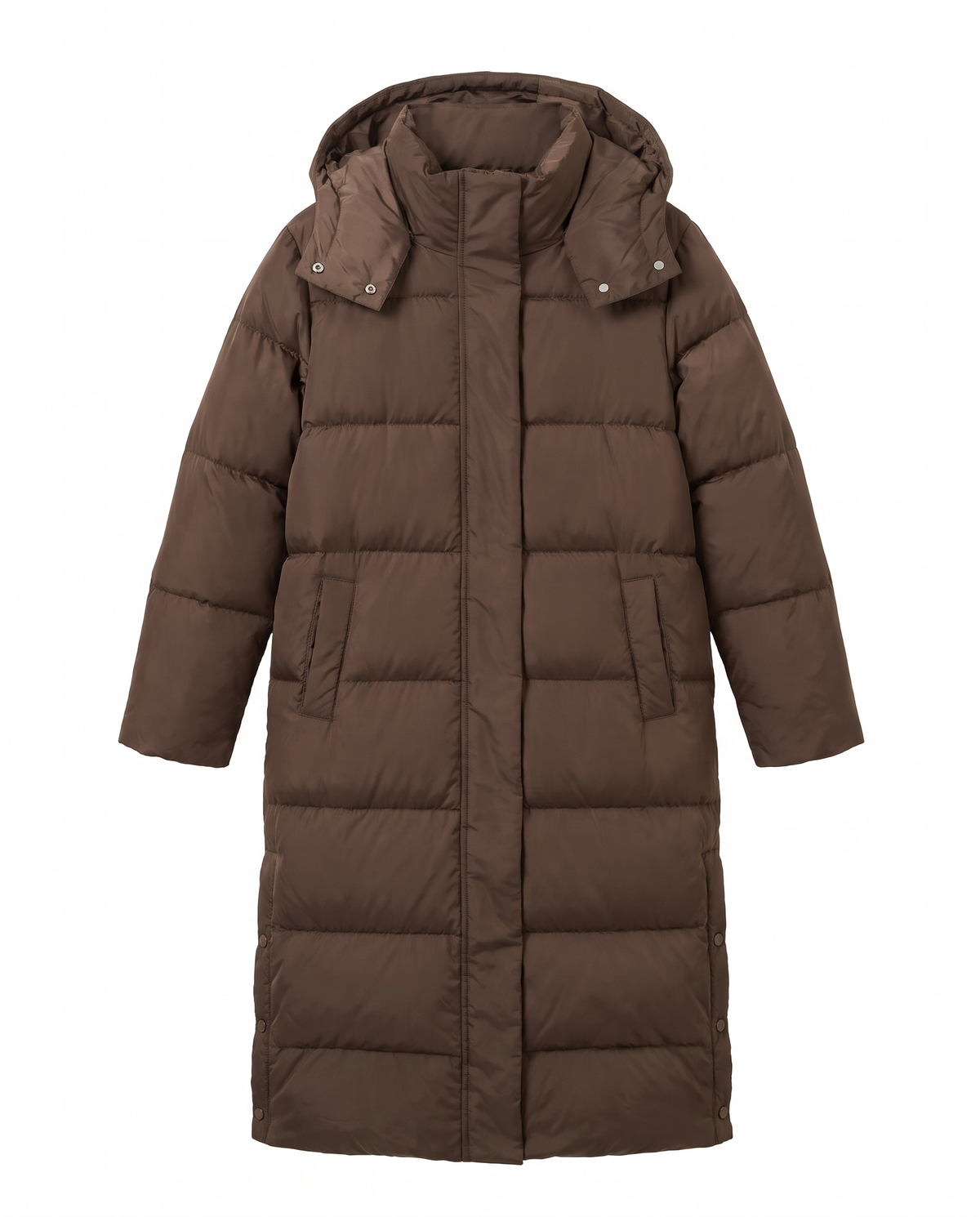 Women's long hooded puffer coat in caffe brown, front view