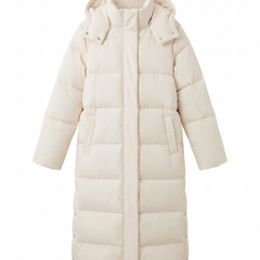 Women's long hooded puffer coat in white, front view