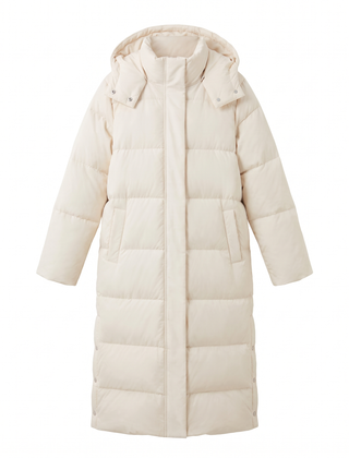 Women's long hooded puffer coat in white, front view