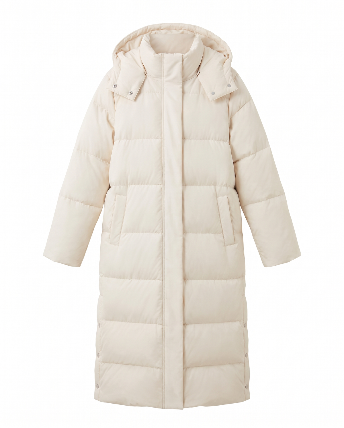 Women's long hooded puffer coat in white, front view