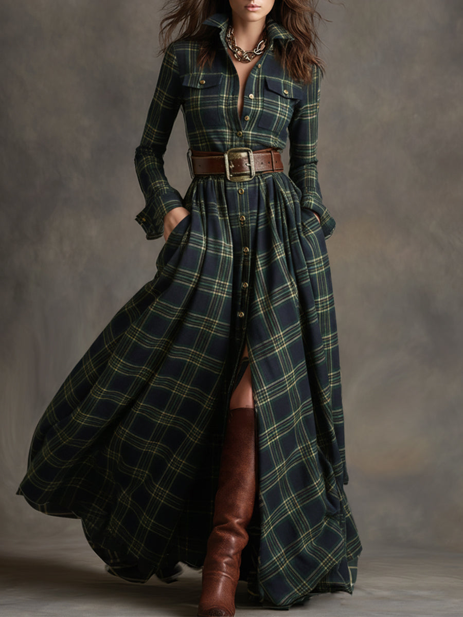 Rosalind | Women's Plaid Lapel Maxi Dress