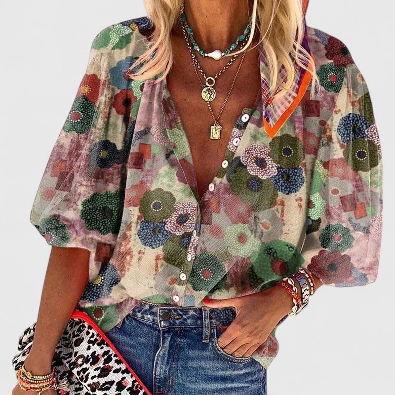 Luelle | Women's Floral Print V-Neck Button-Down Blouse