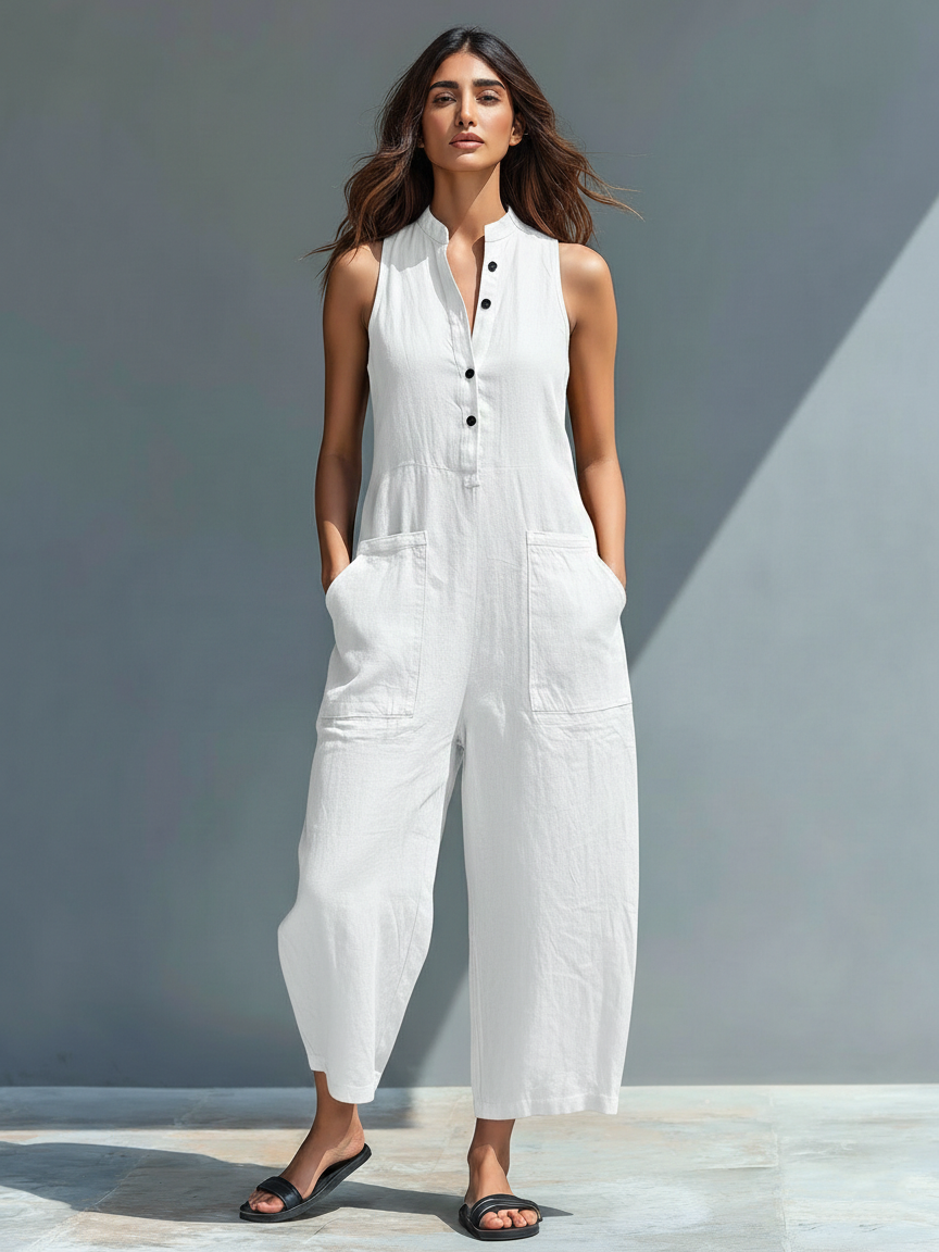 Lysandra | Women's Sleeveless Button Front Wide Leg Jumpsuit