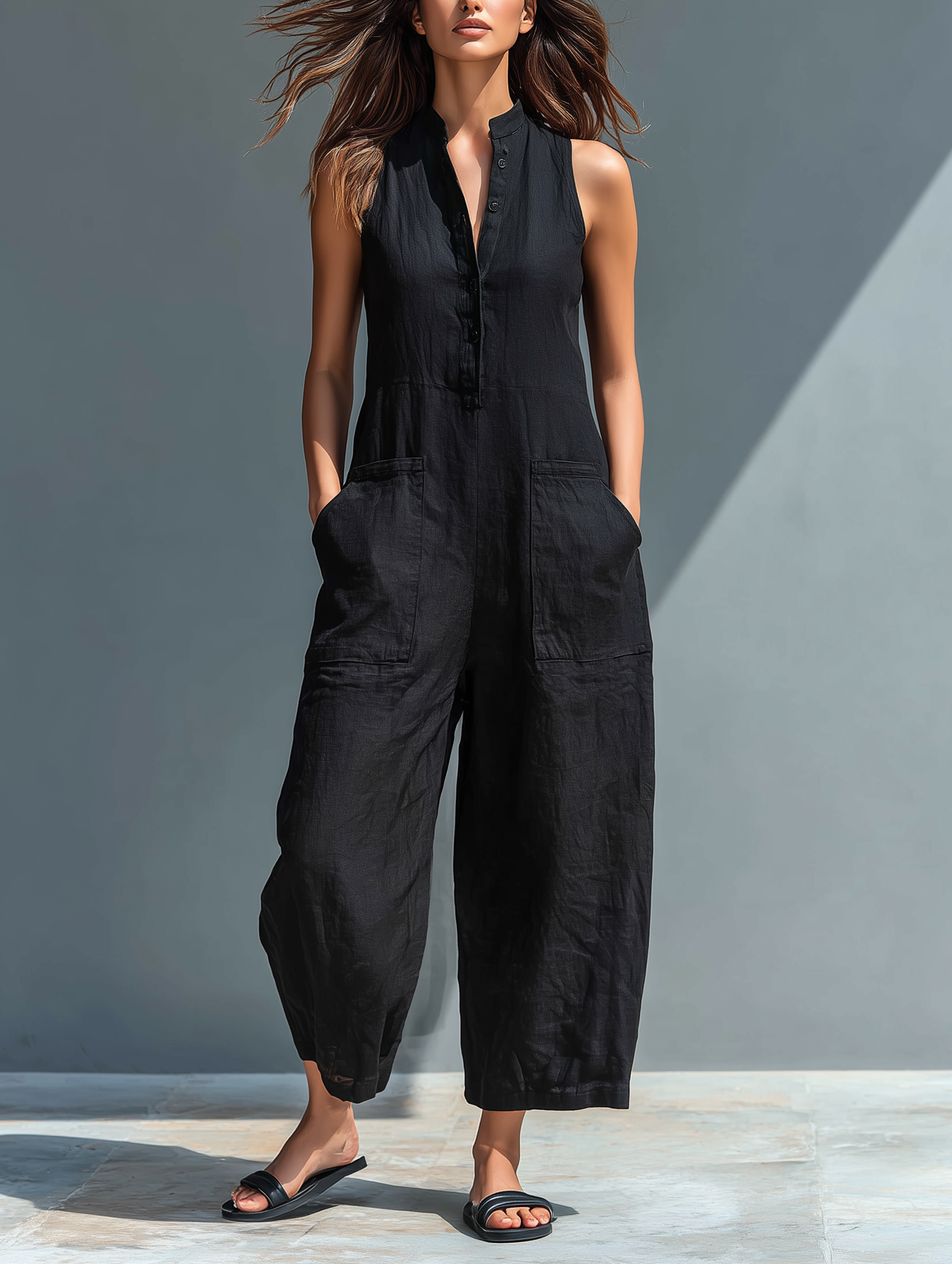 Lysandra | Women's Sleeveless Button Front Wide Leg Jumpsuit