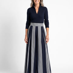 Alba Women's Ribbed Half-Zip Top and Pleated Striped Skirt Set in Navy