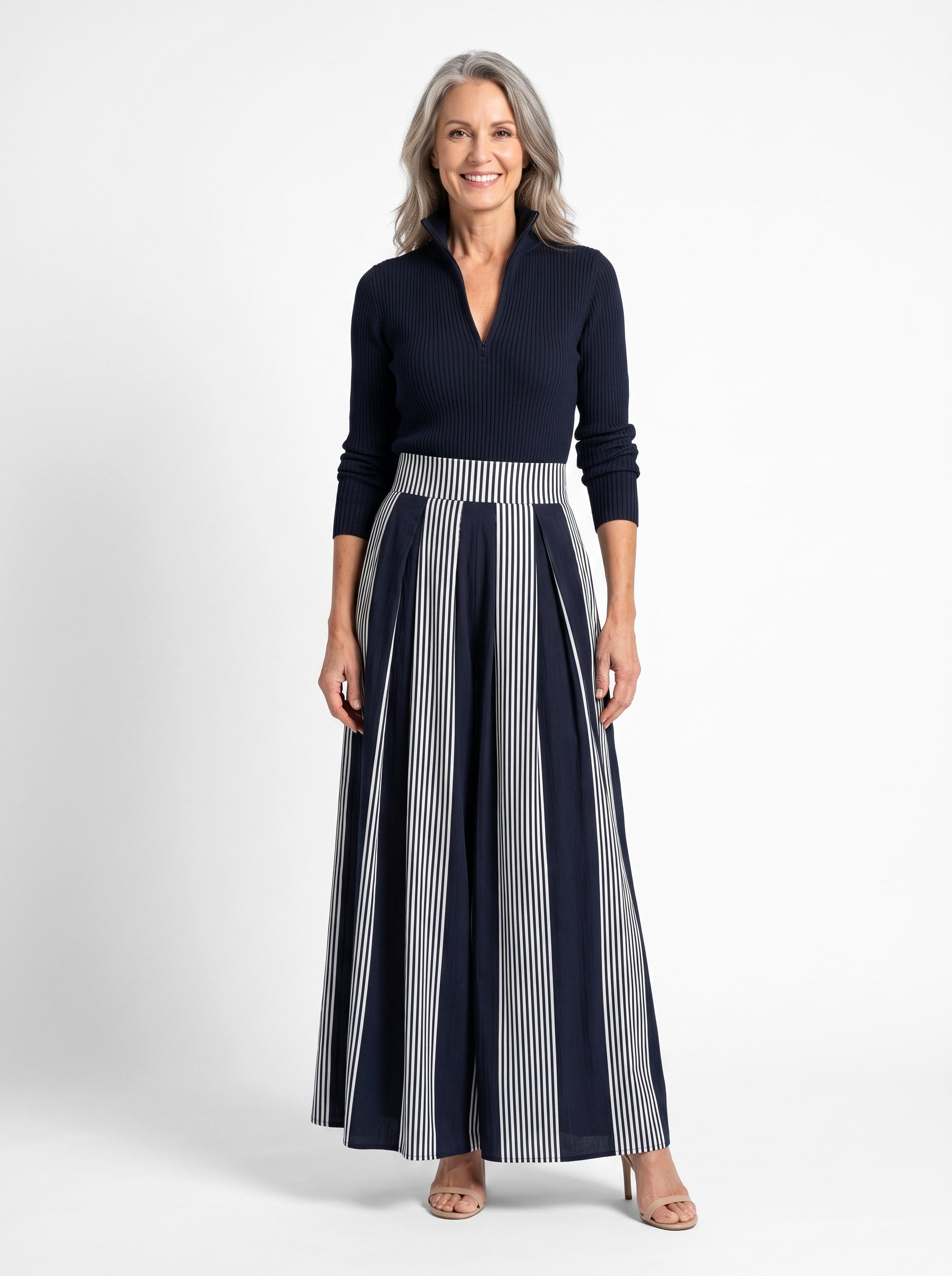 Alba Women's Ribbed Half-Zip Top and Pleated Striped Skirt Set in Navy