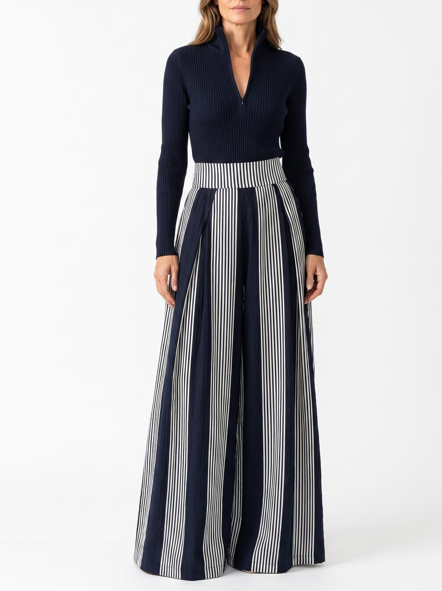 Alba Women's Ribbed Half-Zip Top and Pleated Striped Skirt Set in Navy