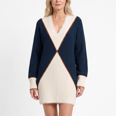 Stella Women's V-Neck Colorblock Ribbed Sweater Dress