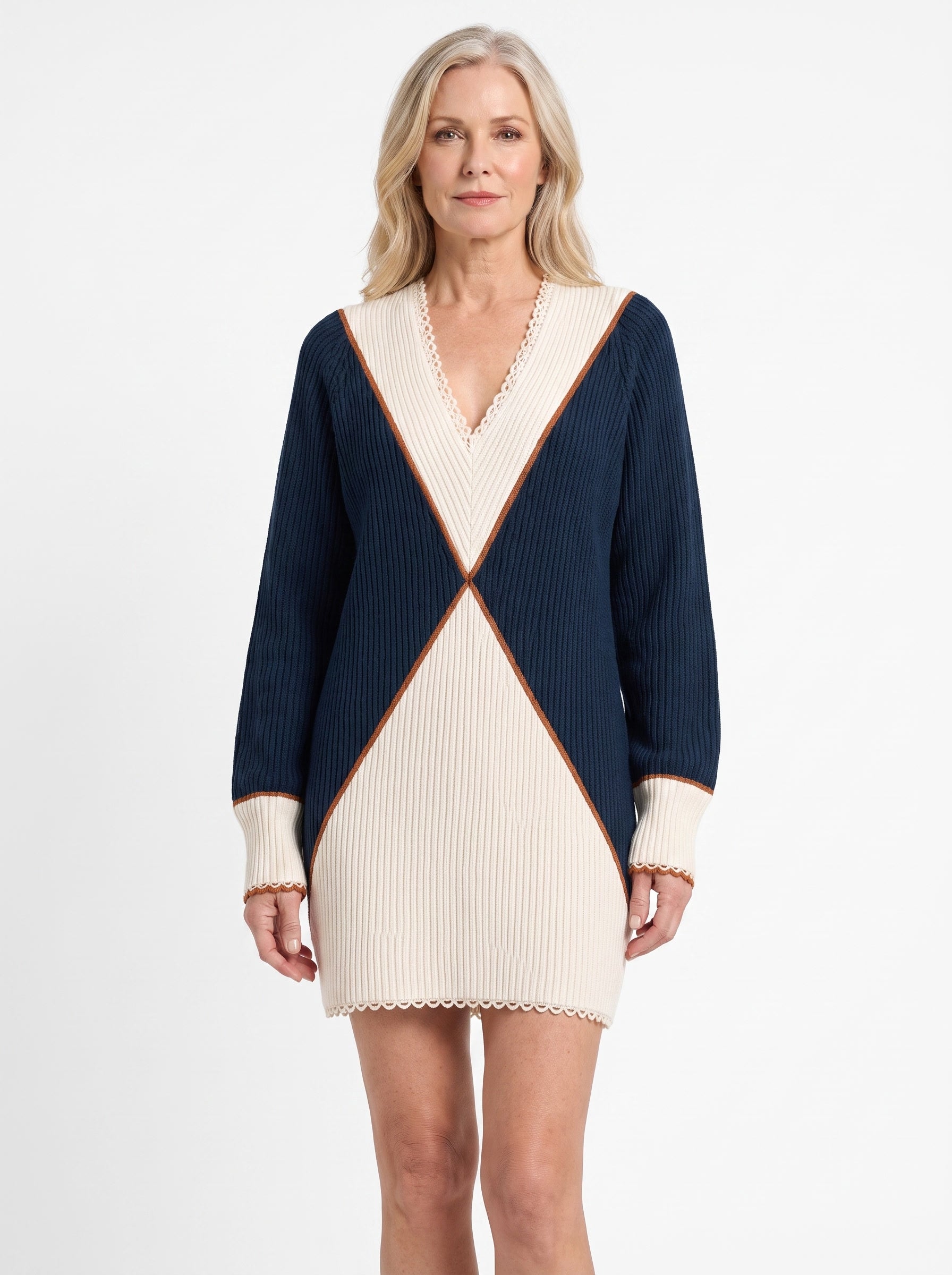 Stella Women's V-Neck Colorblock Ribbed Sweater Dress