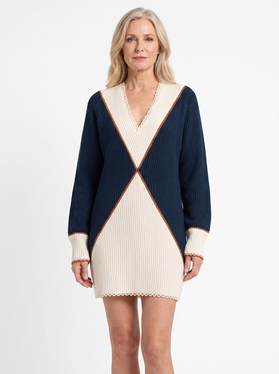 Stella Women's V-Neck Colorblock Ribbed Sweater Dress