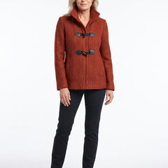 Ivy Women's Toggle Trench Coat with Cropped Fit in red, worn open front view