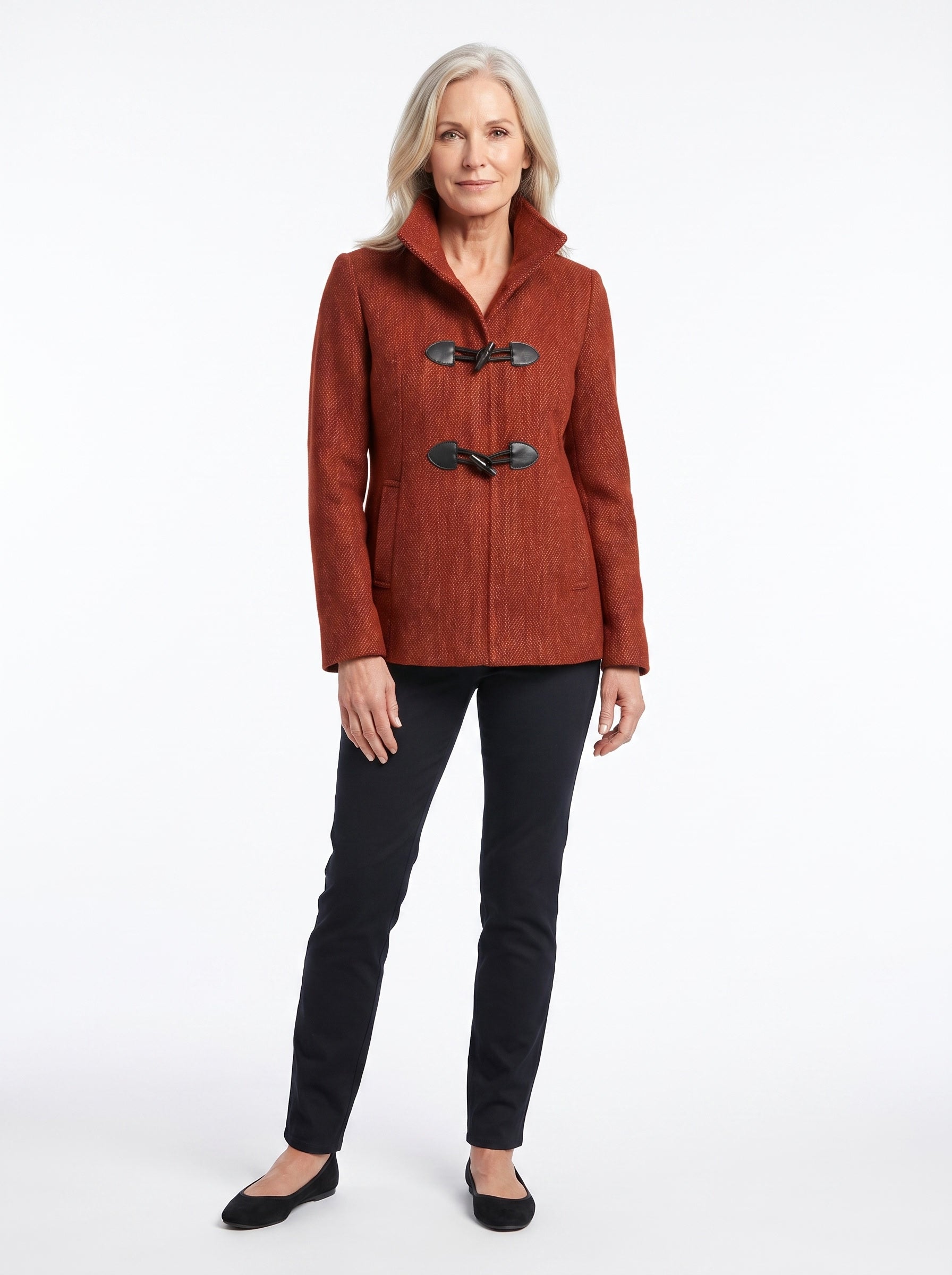 Ivy Women's Toggle Trench Coat with Cropped Fit in red, worn open front view