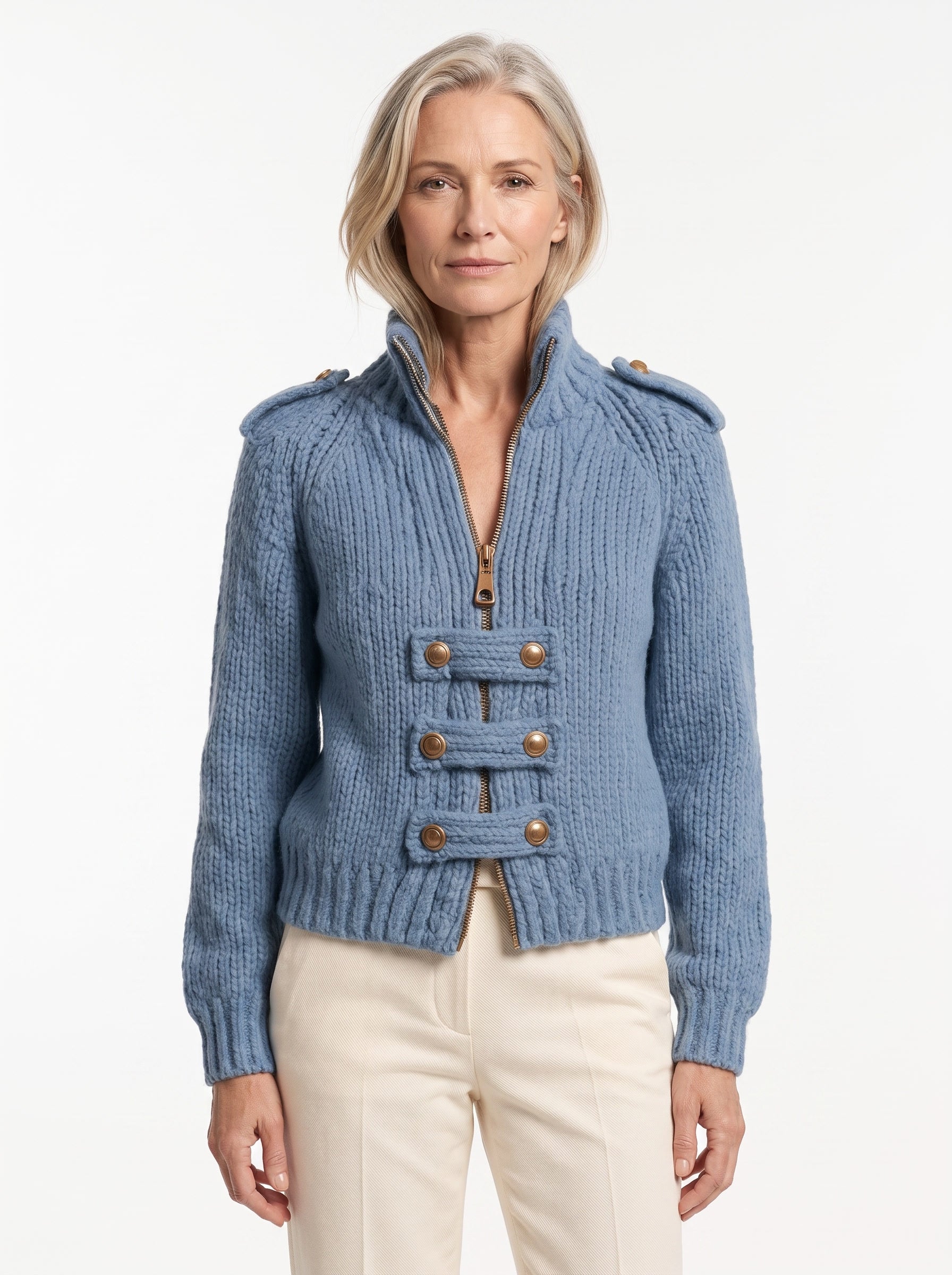 Dorothea Women's Stand-Collar Zip-Up Knit Denim Jacket