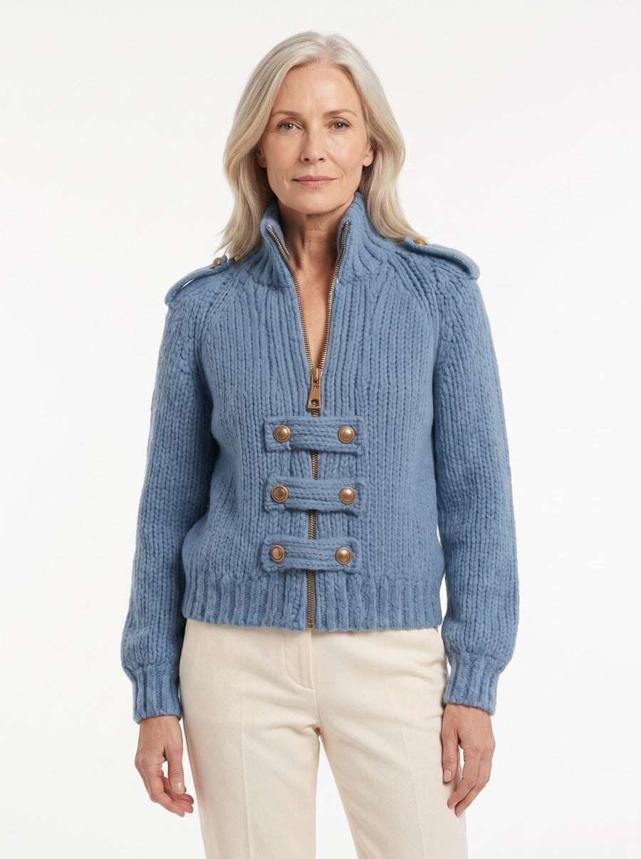 Dorothea Women's Stand-Collar Zip-Up Knit Denim Jacket