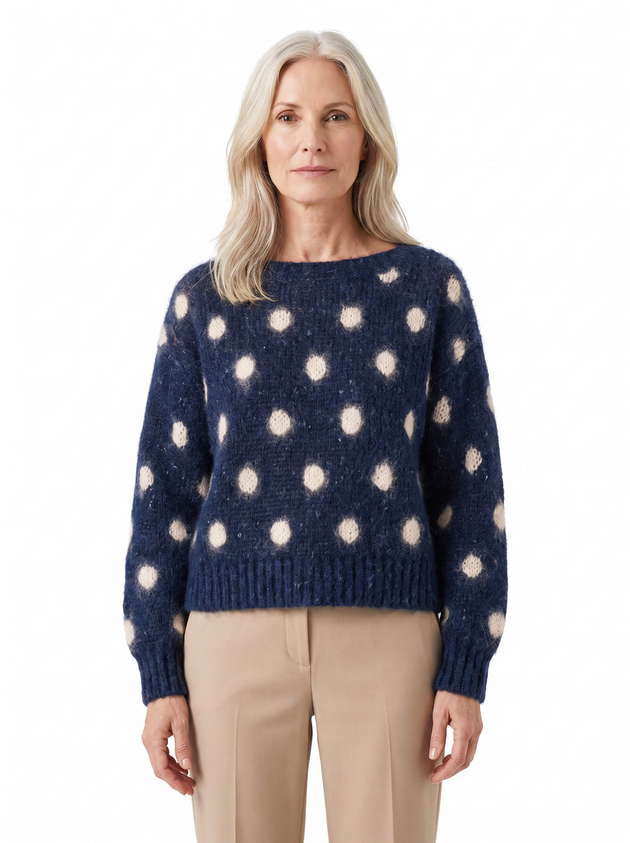 Nella Women's Polka Dot Long-Haired Knit Pullover in navy blue