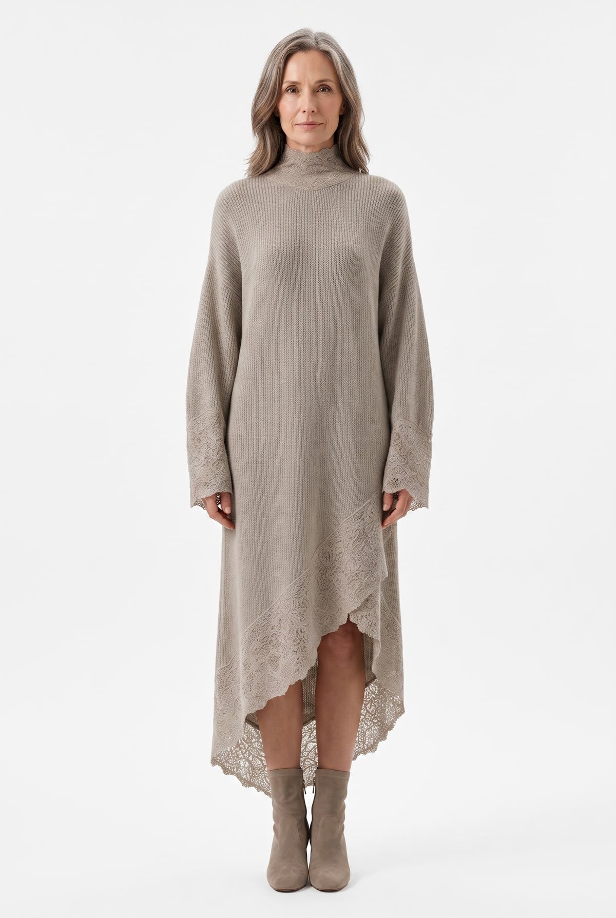 Ramona Women's Lace-Trim Wool-Knit Maxi Dress in khaki, front view on model