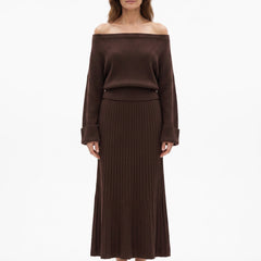 Yvonne womens off-shoulder knit top and pleated midi skirt set in brown