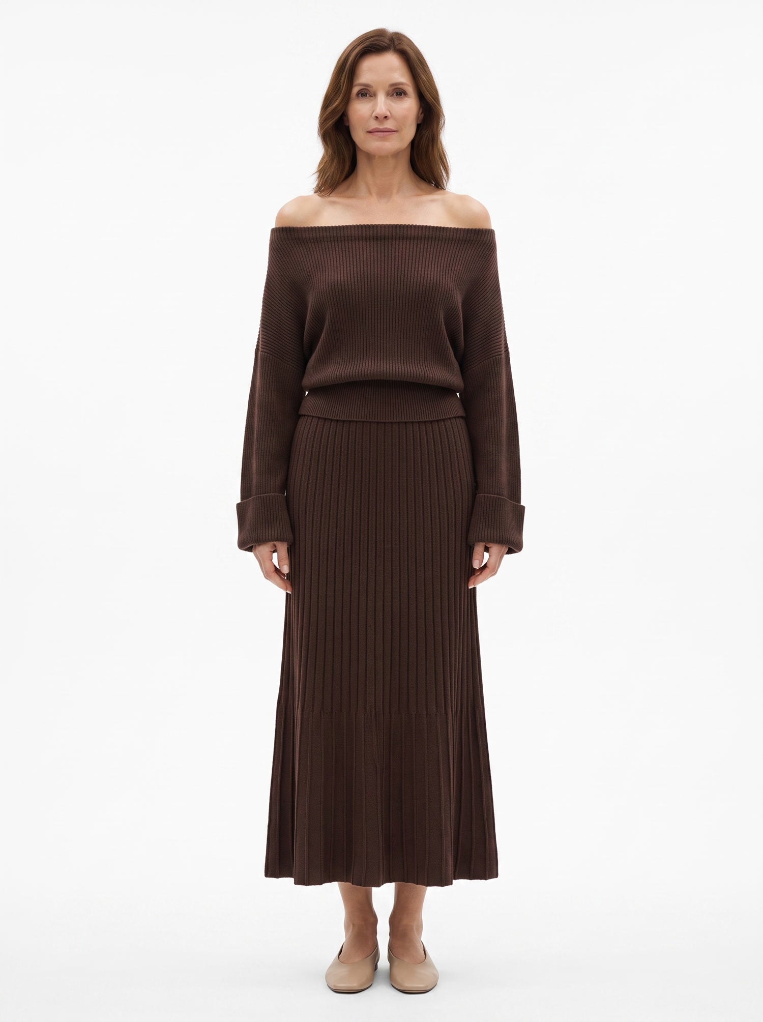 Yvonne womens off-shoulder knit top and pleated midi skirt set in brown
