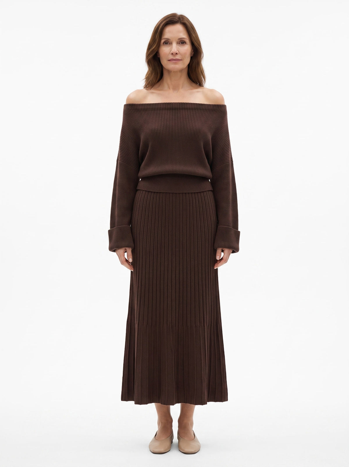 Yvonne womens off-shoulder knit top and pleated midi skirt set in brown