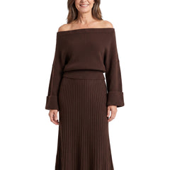 Yvonne womens off-shoulder knit top and pleated midi skirt set in brown