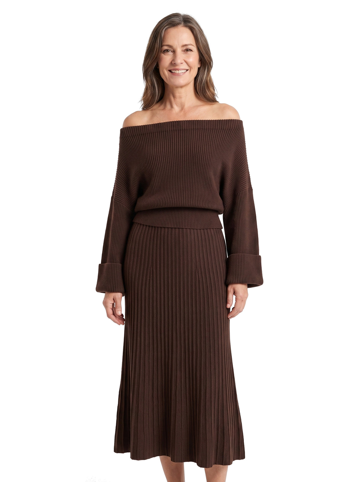 Yvonne womens off-shoulder knit top and pleated midi skirt set in brown