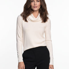Phyllis Women's Cowl-Neck Fine Knit Sweater in ivory, front view on model
