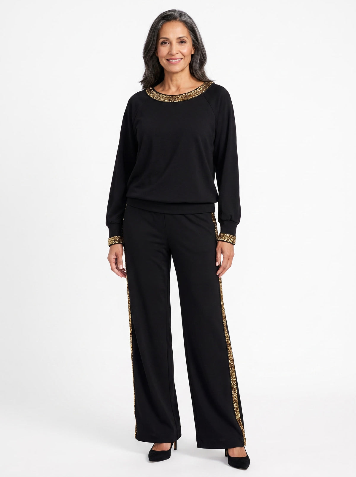 Penelope Women's Sequin-Trim Top and Wide-Leg Trousers Set