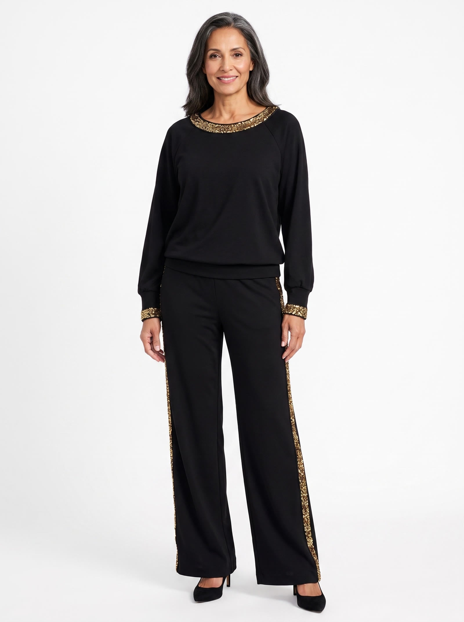 Penelope Women's Sequin-Trim Top and Wide-Leg Trousers Set