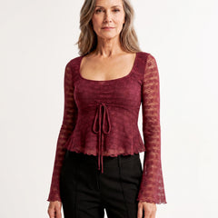 Lydia Women's Square-Neck Waffle Knit Top with Bell Sleeves