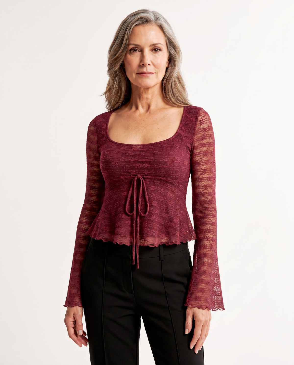 Lydia Women's Square-Neck Waffle Knit Top with Bell Sleeves