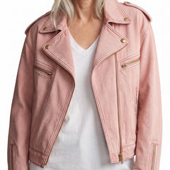Rosemary Women's Retro Pink Collared Zip-Up Denim Jacket