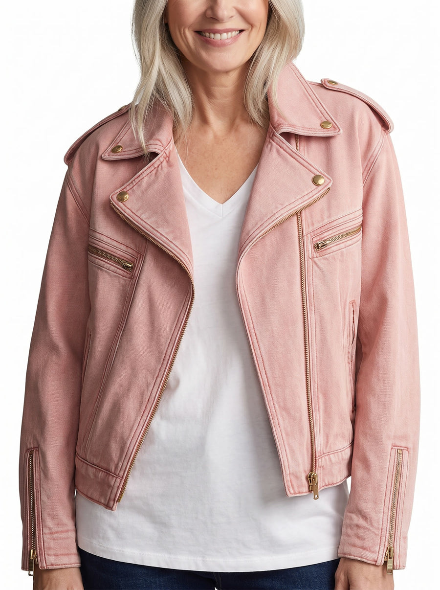 Rosemary Women's Retro Pink Collared Zip-Up Denim Jacket