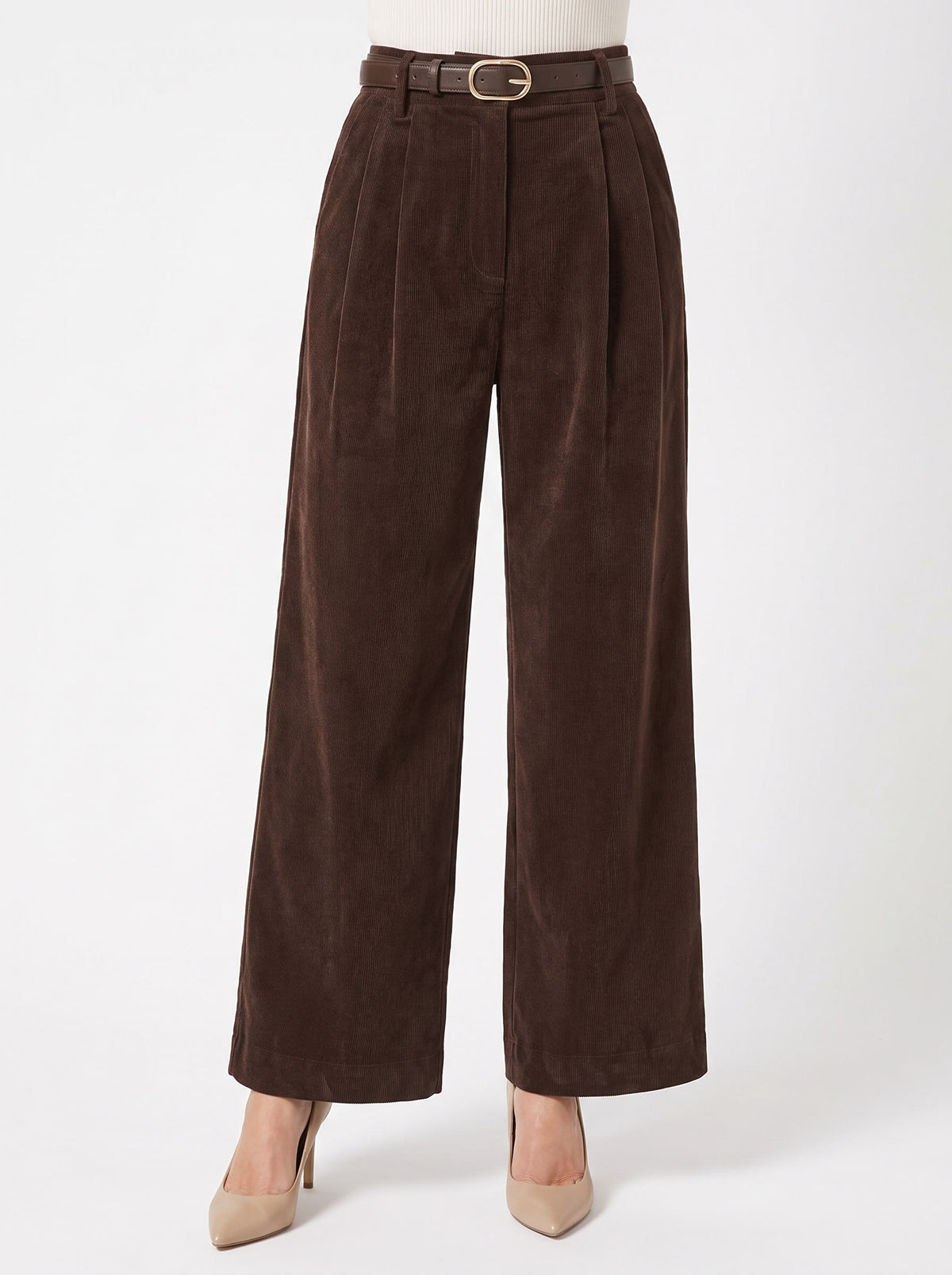 Nora Women's Wide Leg Corduroy Belted Pants in chocolate brown