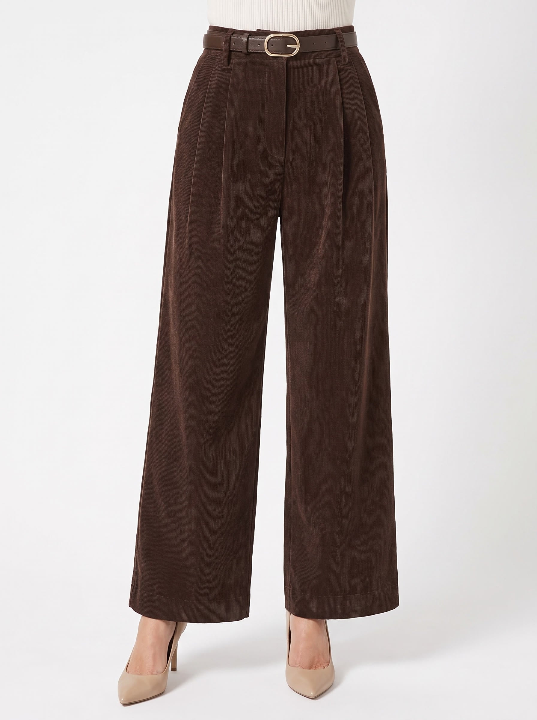 Nora Women's Wide Leg Corduroy Belted Pants in chocolate brown