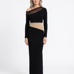 Matilda women's color-blocked sheer-panel maxi dress in black with tan waistband