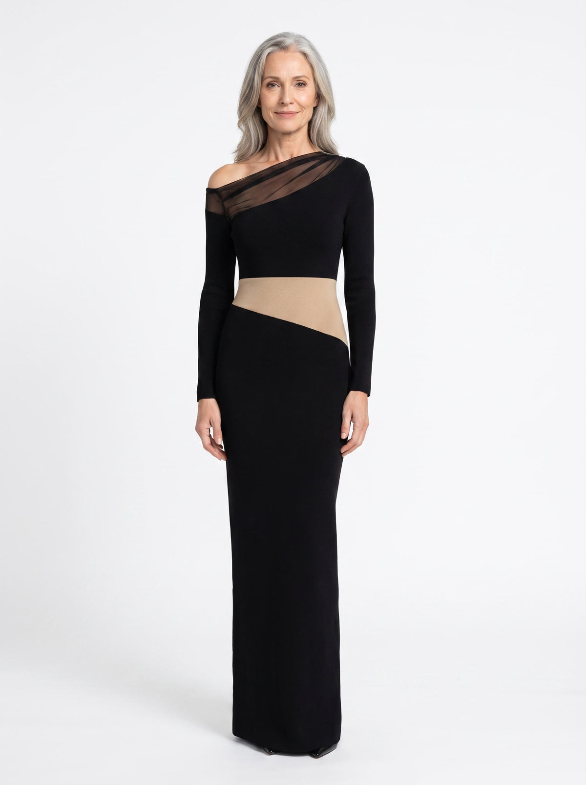 Matilda women's color-blocked sheer-panel maxi dress in black with tan waistband