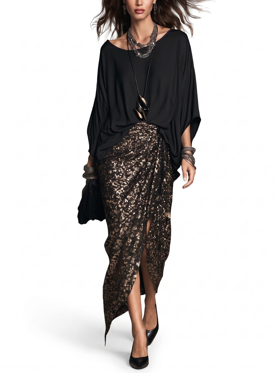 Minerva Women's Satin Top and Sequin Skirt Two-Piece Set