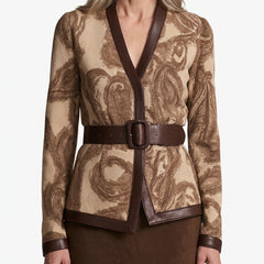 Nadine women's wool-blend leather-trim wrap top in brown paisley