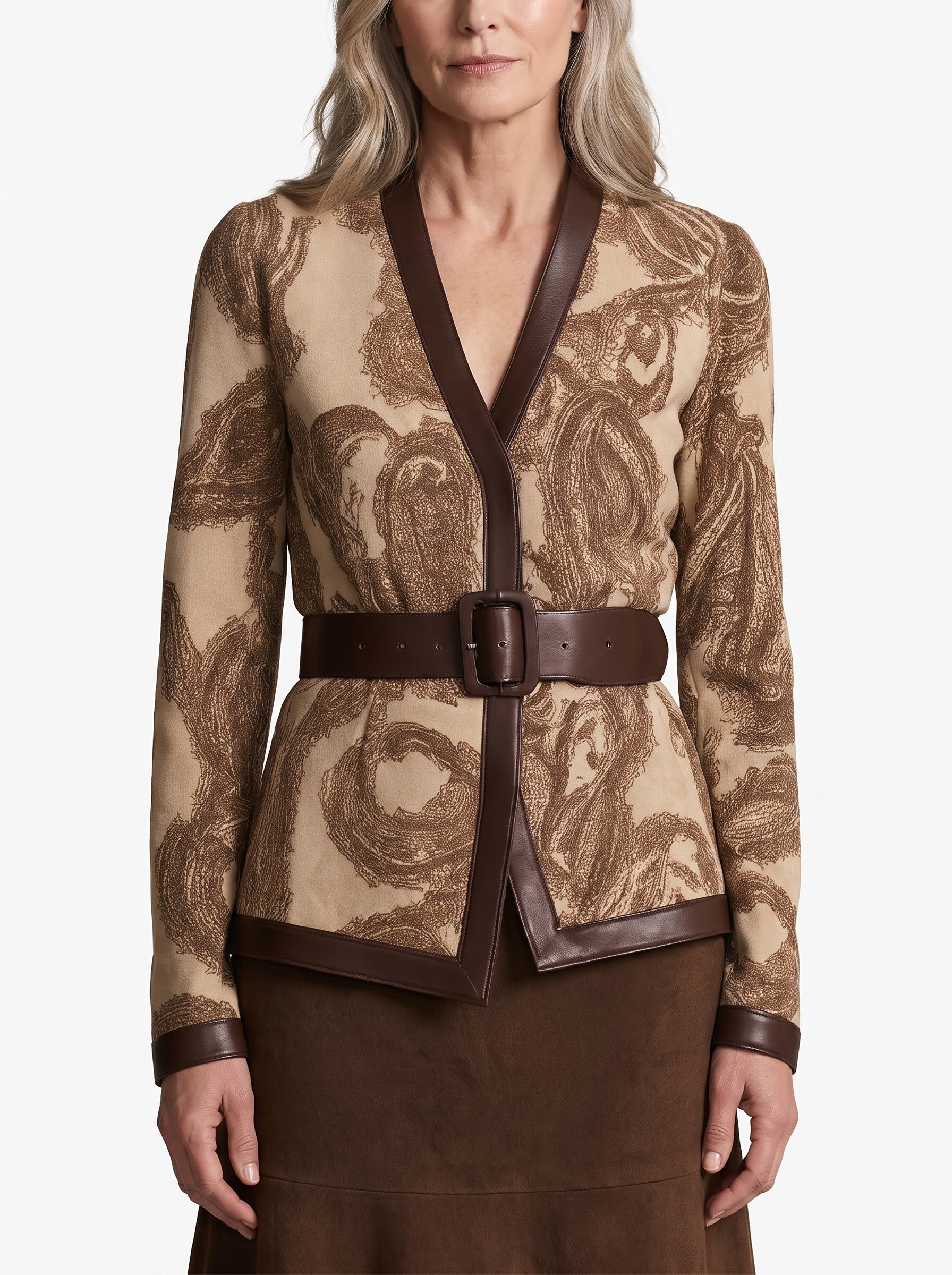 Nadine women's wool-blend leather-trim wrap top in brown paisley