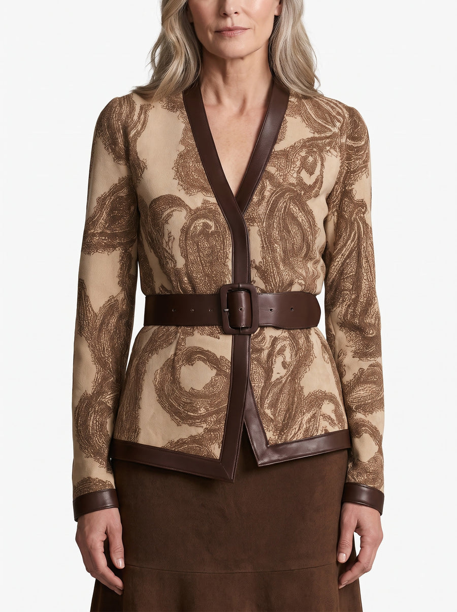 Nadine women's wool-blend leather-trim wrap top in brown paisley