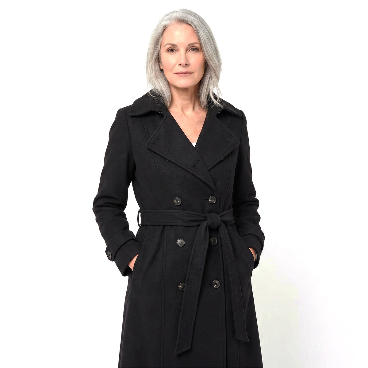 Ophelia Women's Belted Double-Breasted Trench Coat in black