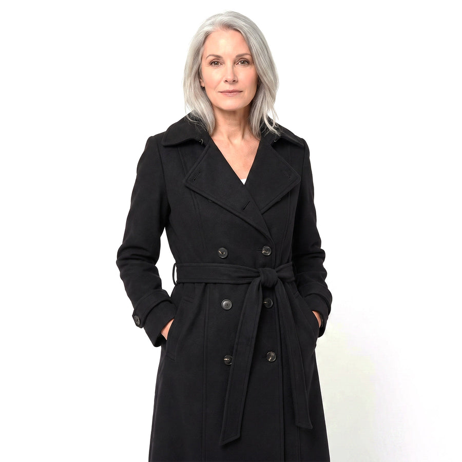 Ophelia Women's Belted Double-Breasted Trench Coat in black